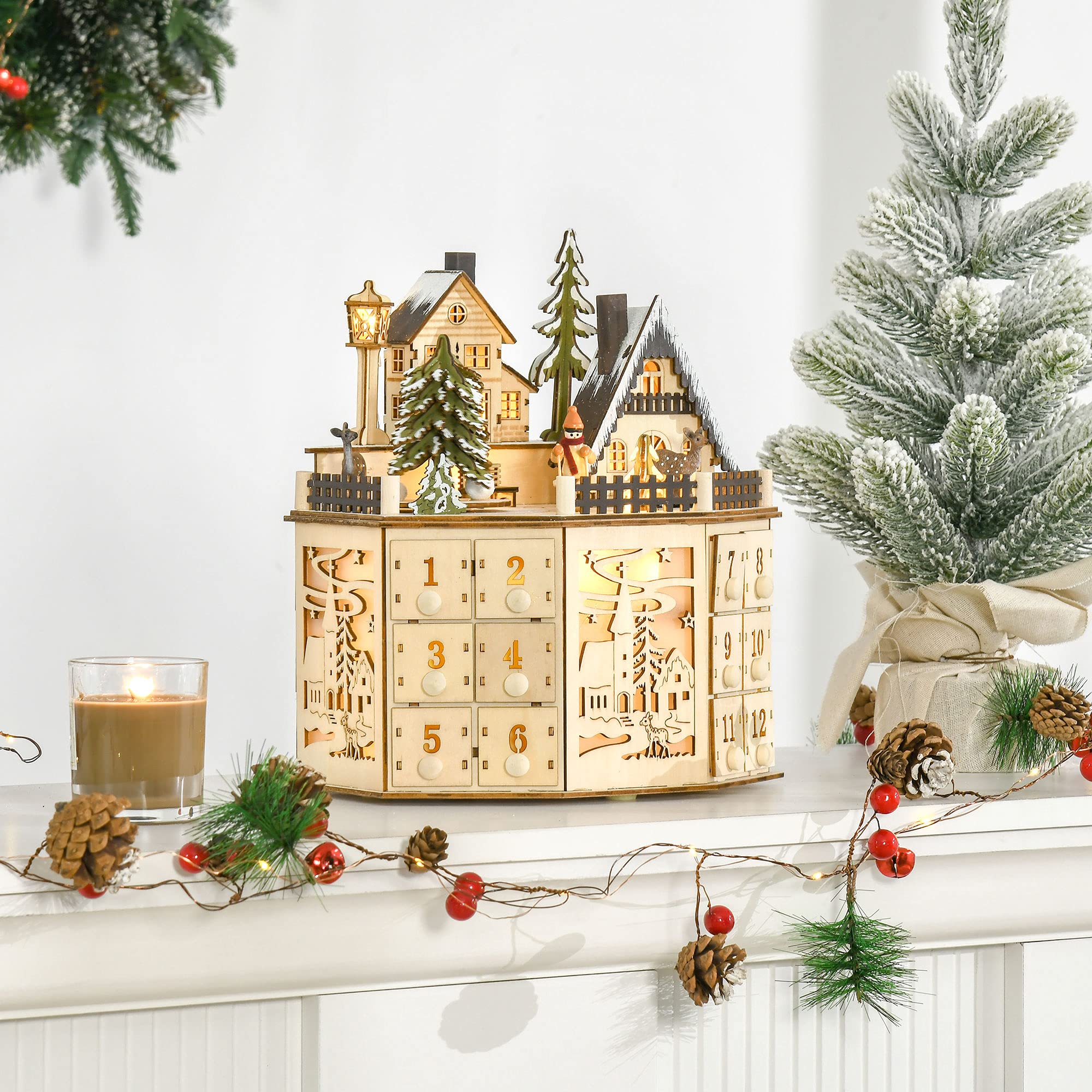 HOMCOM Christmas Advent Calendar, Light Up Table Xmas Wooden Holiday Decoration with Countdown Drawers and Village, for Kids and